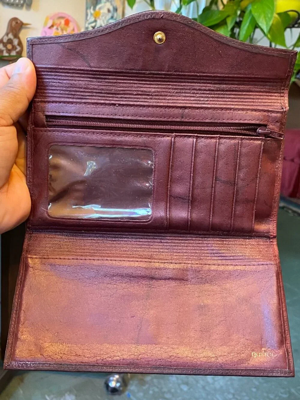 Buxton Heiress Wallet Coin Purse Clutch Brown Cowhide Leather Brown Red